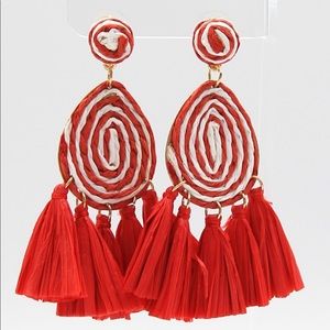 Red and White Tassel Drop Earrings